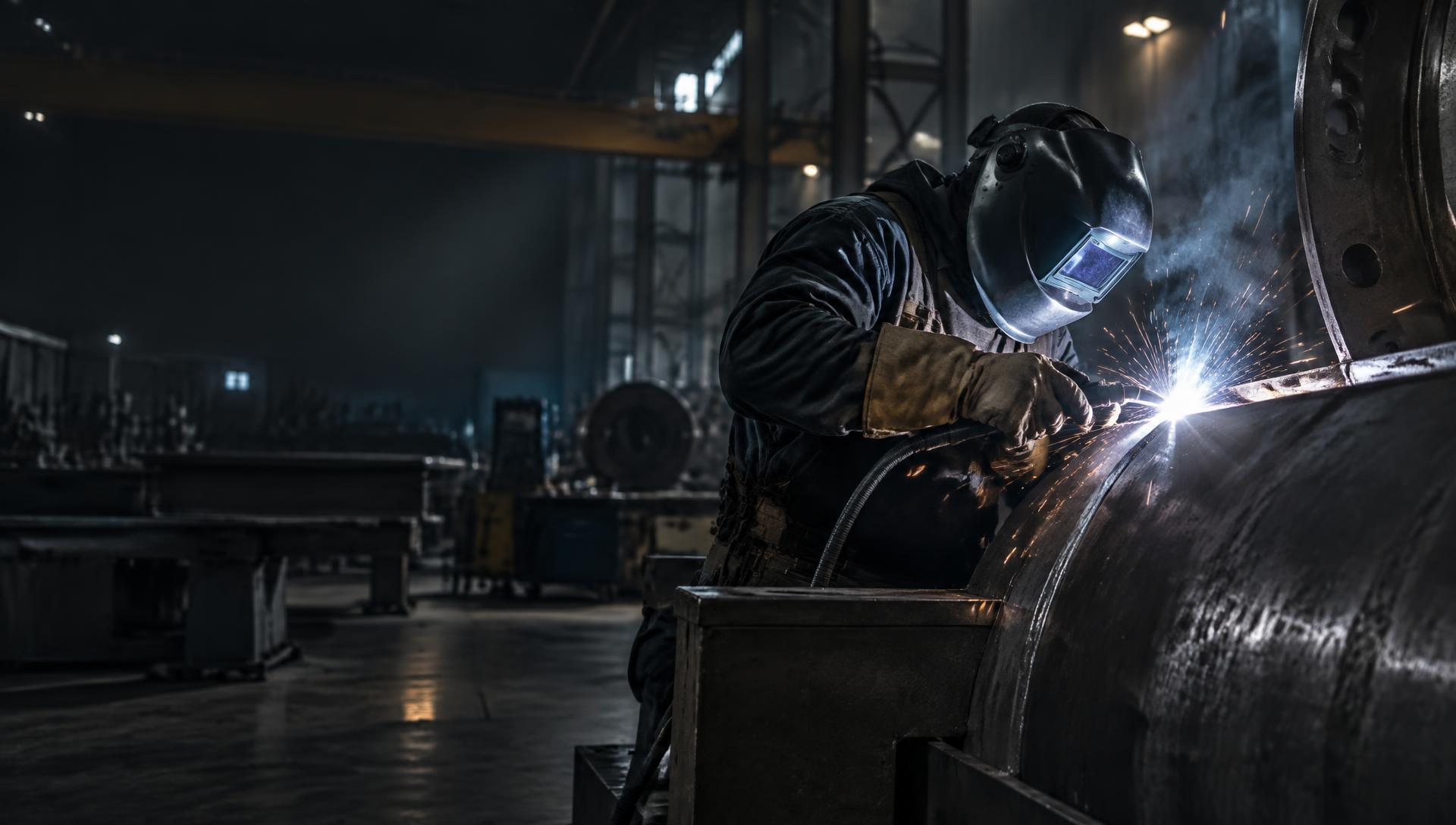 Welder completing a precision weld in a heavy fabrication facility